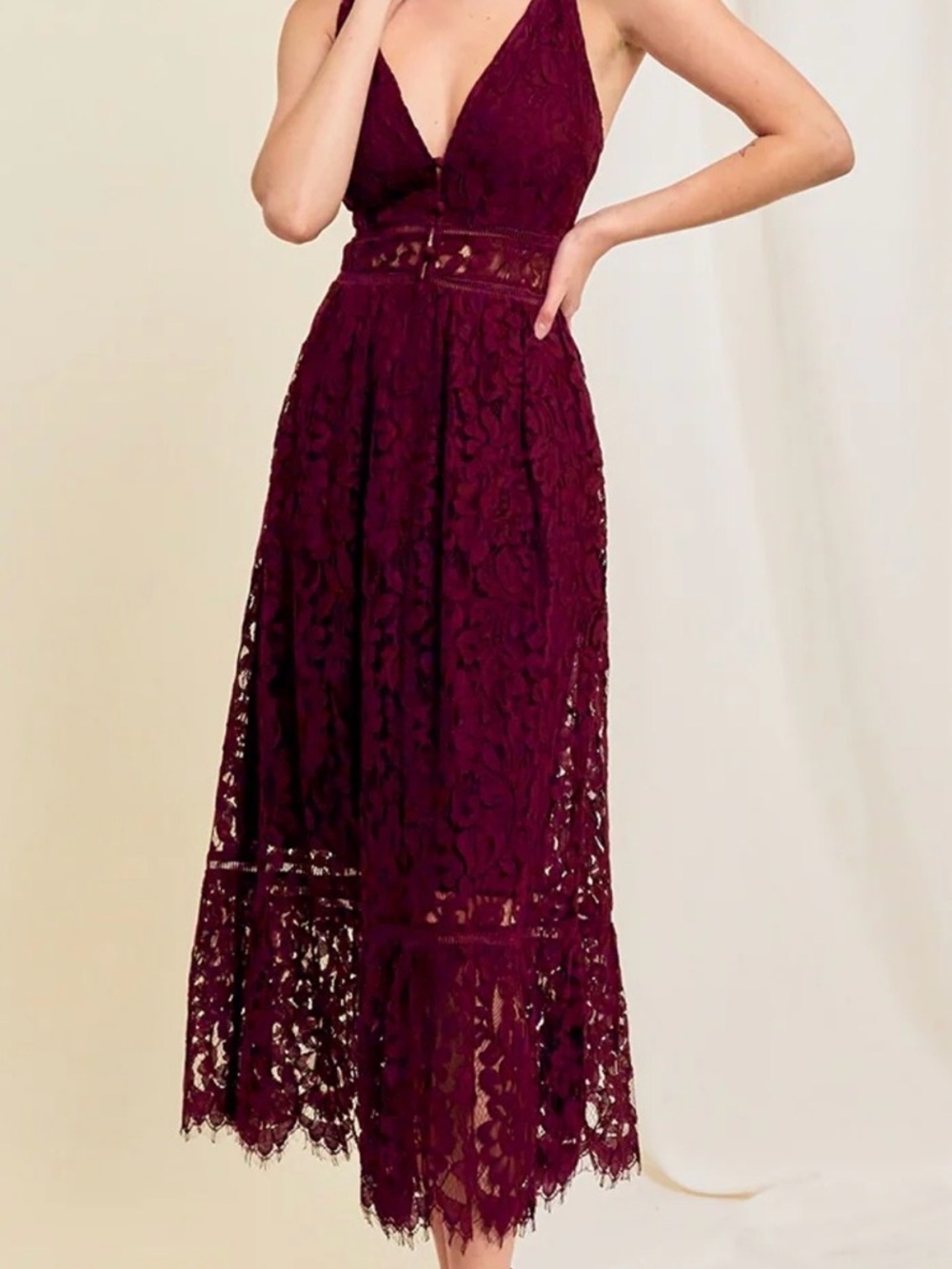 MINUET APPAREL Paula Lace Midi Dress Wine Size Medium V-Neck Romantic NWOT
